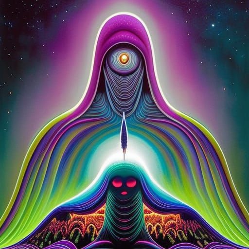 Hooded alien creature, full body portrait, by Alex Grey, Lis...