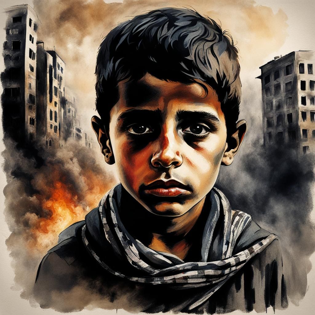 chalk and charcoal portrait, a starved young Palestinian boy...