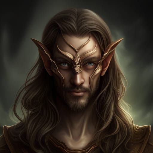 Portrait of elf man with pointed ears and long brown hair smirking ...