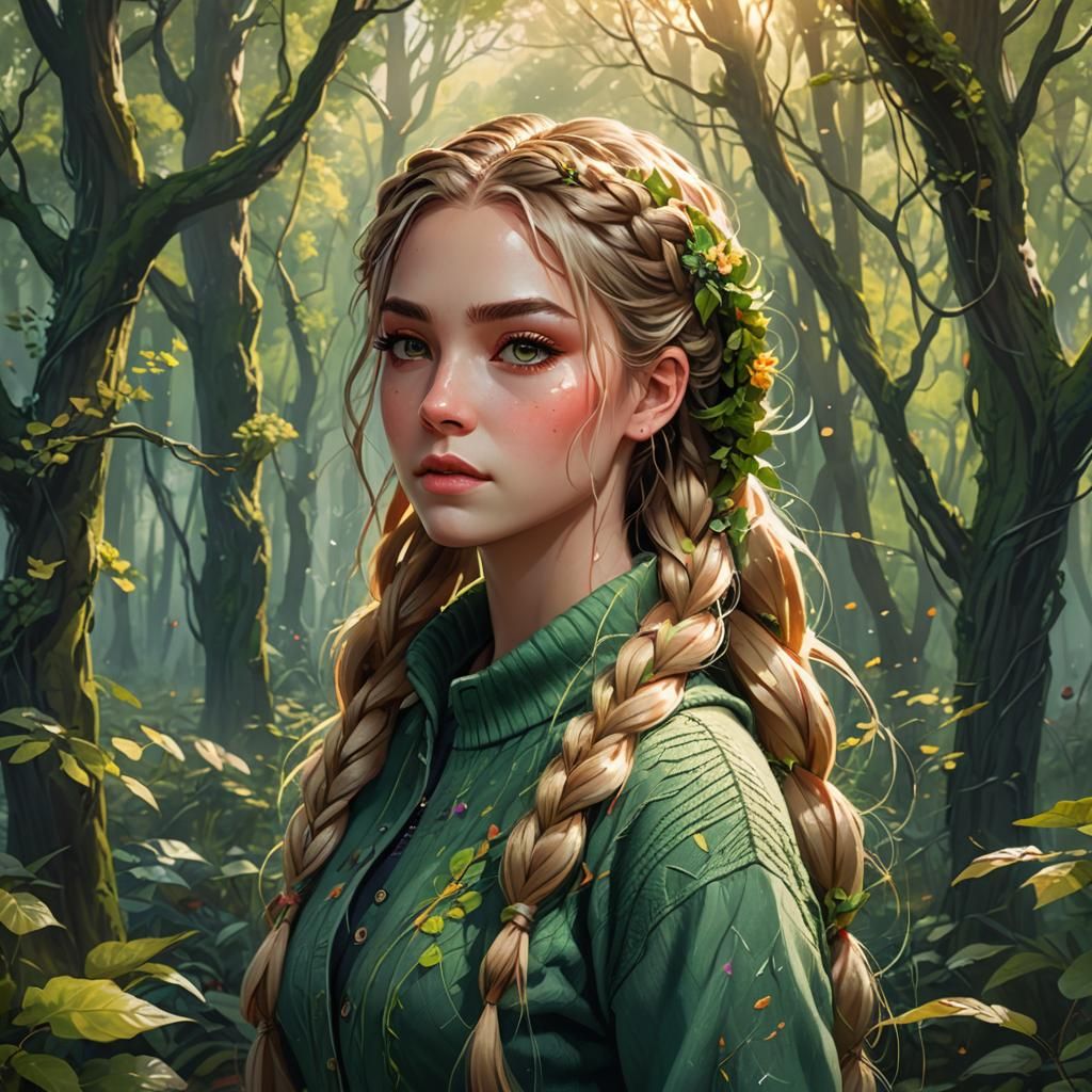 In the forest thicket a very beautiful girl, complex hairstyle, braids, light hair, bright makeup, in ...  by @Erich Sy