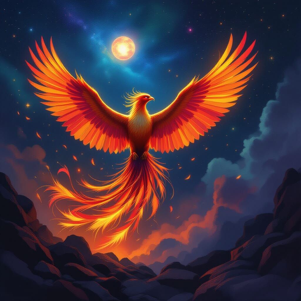 Majestic Phoenix Soaring Through Starry Sky