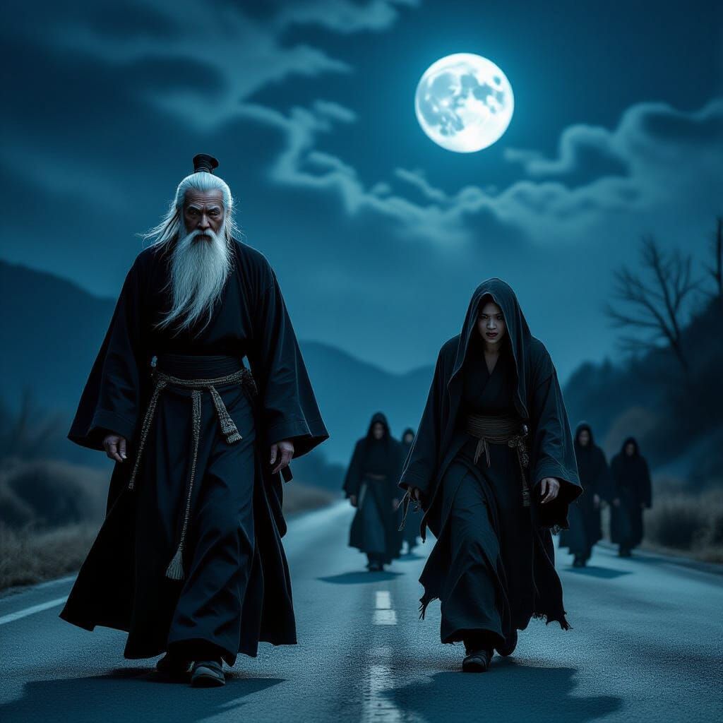 Taoist Priest and Monk Herd Vampires Under Full Moon