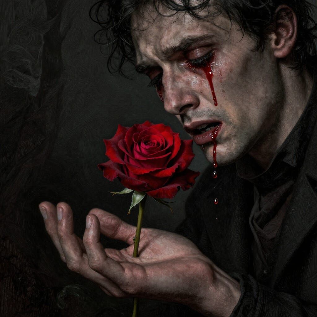 Anguished Man Offers Blood-Watered Rose