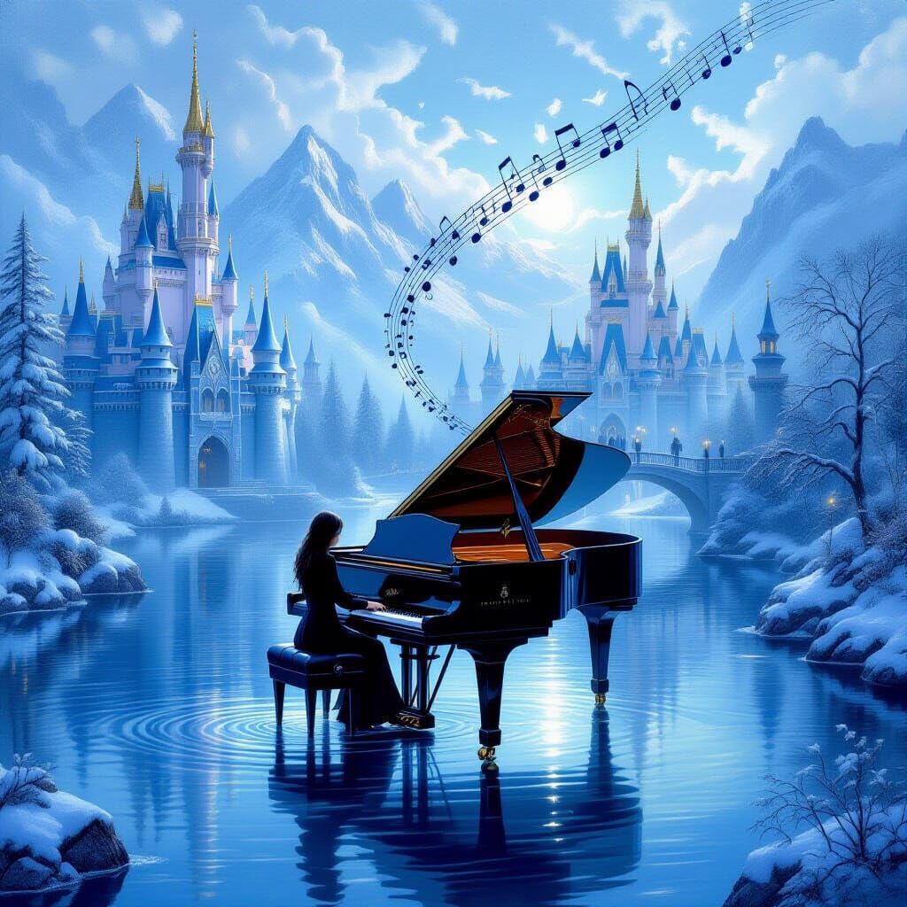 Grand Piano on River: Ethereal Castles and Pianist