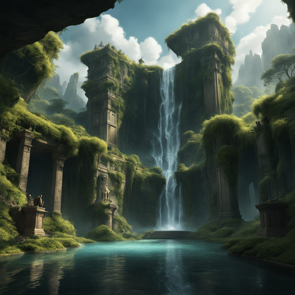 A waterfall pours from the open mouth of a colossal stone statue, cascading into a crystal-clear pool below. The statue is overgrown with mo...