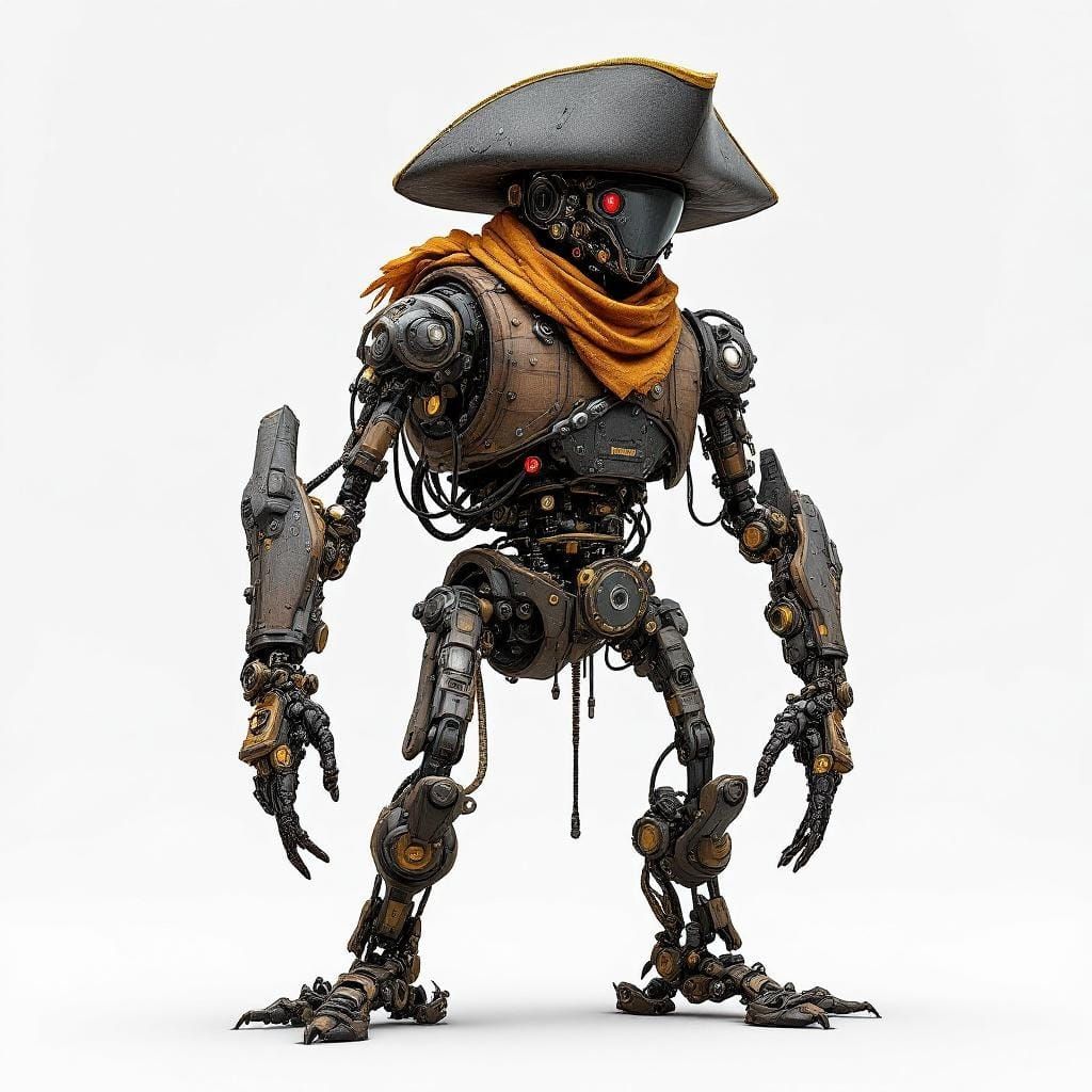 A mechapirate built around the body of a giant rum cask. its legs and arms of made out of primitive clockwork mechanisms and hydraulics. the...