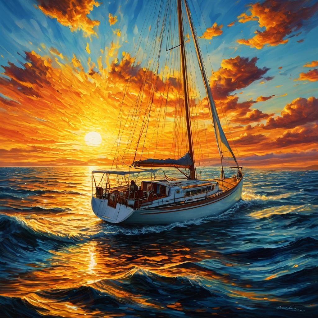 Portrait Sailing boat sailing into the sunset, stunning intricate meticulously detailed dramatic atmospheric ...  by @HarrietM