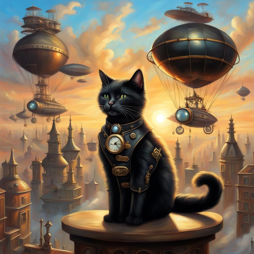 a beautiful black steampunk cat strolling through a steampunk city at sunset with several airships in ...  by @Davi_npc