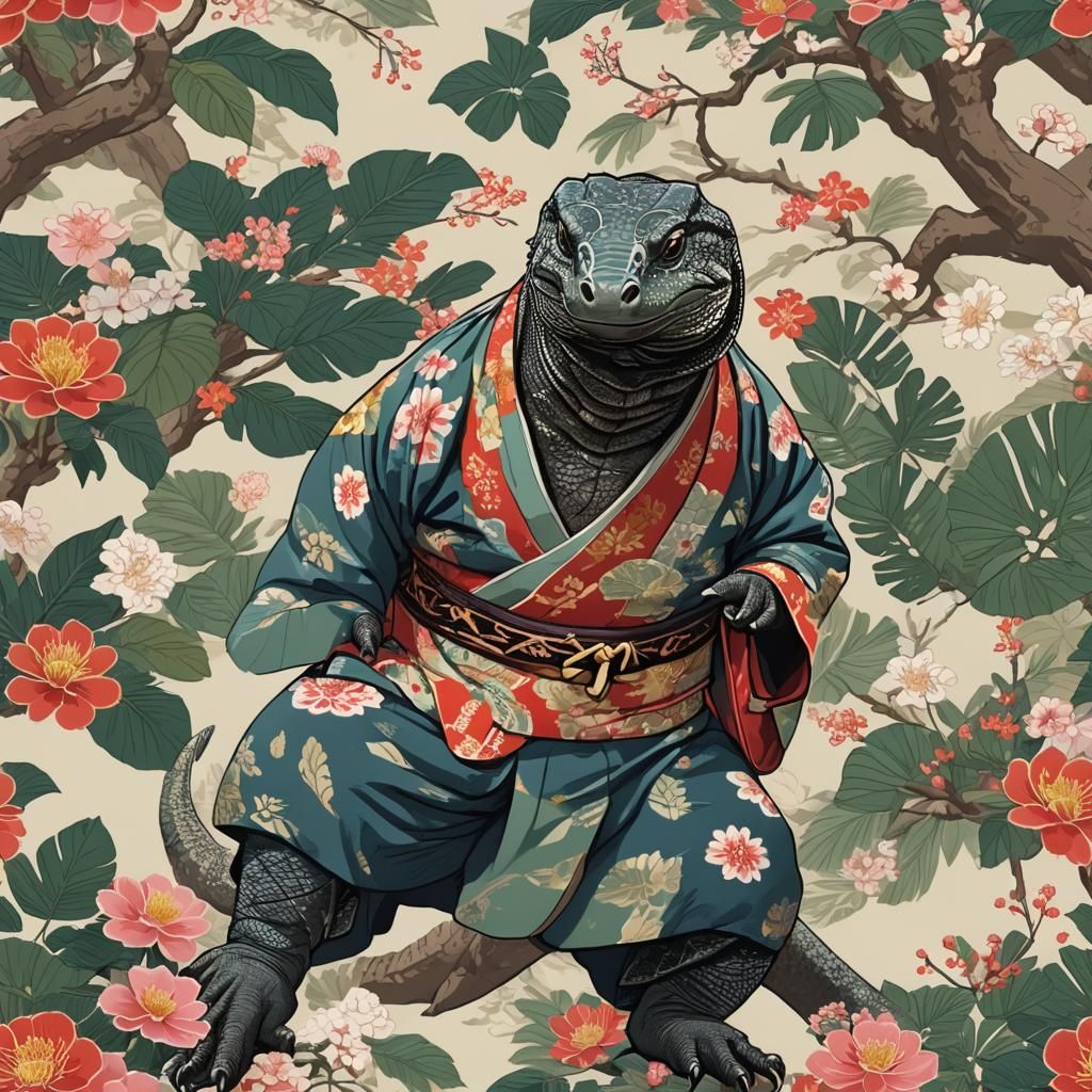 A komodo dragon in a kimono