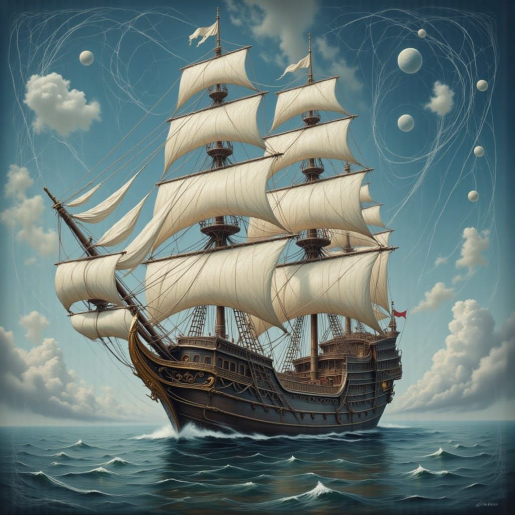 Spiderweb Galleon Sailing on a Calm Sea
