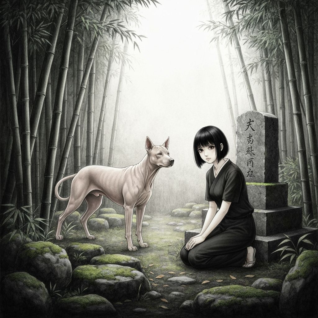 Serene Bamboo Garden with Woman and Dog in Charcoal Style