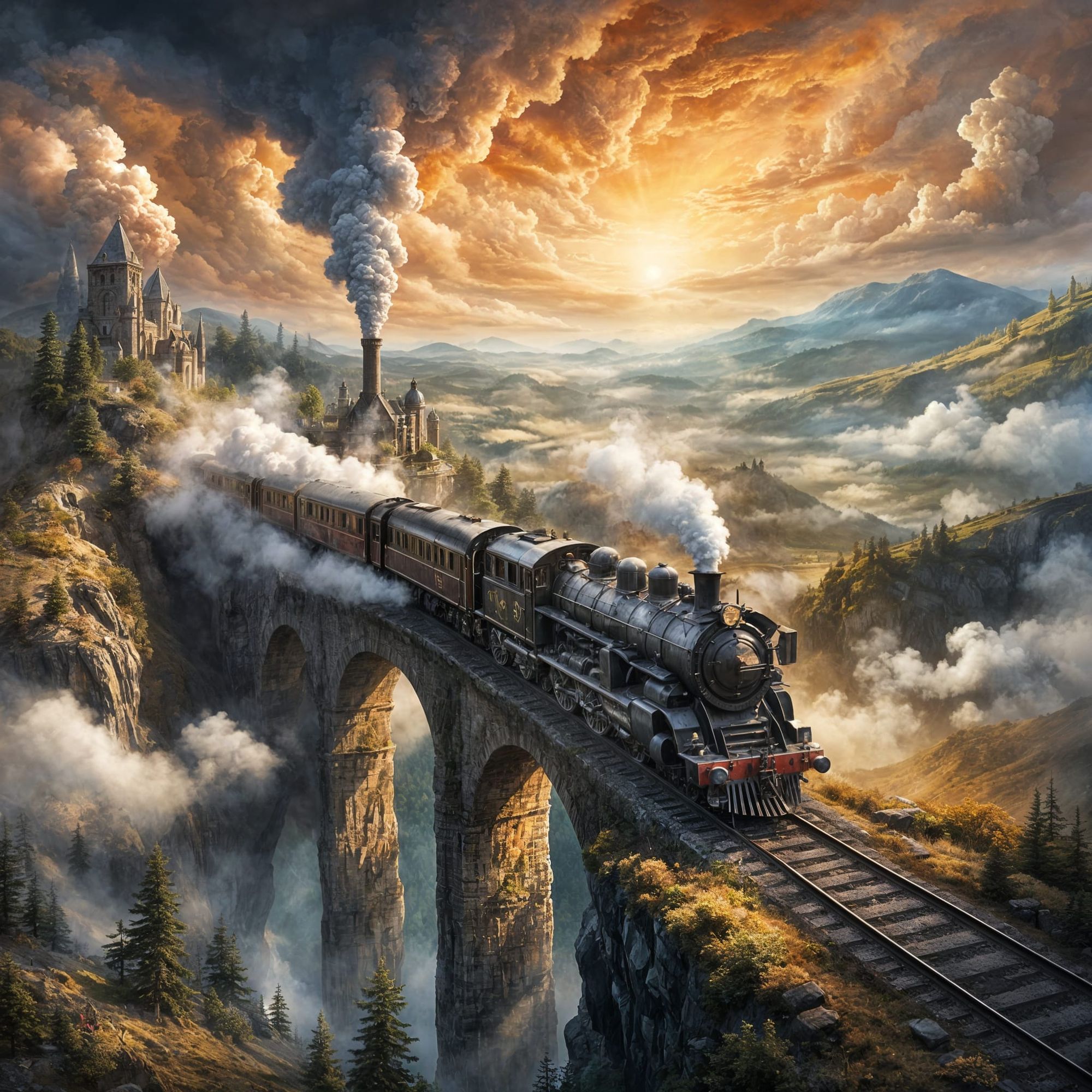 Epic Cloud-Merging Steam Train — Fantasy Prompt

A monumental, ultra-detailed fantasy painting of a colossal steam train racing across a tow...