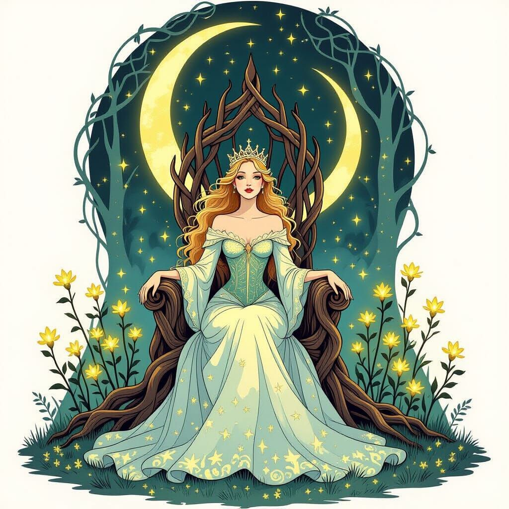 A whimsical queen sits upon a throne made of intertwined moonbeams and ancient roots in a hidden glade. Fireflies illuminate the scene, and ...