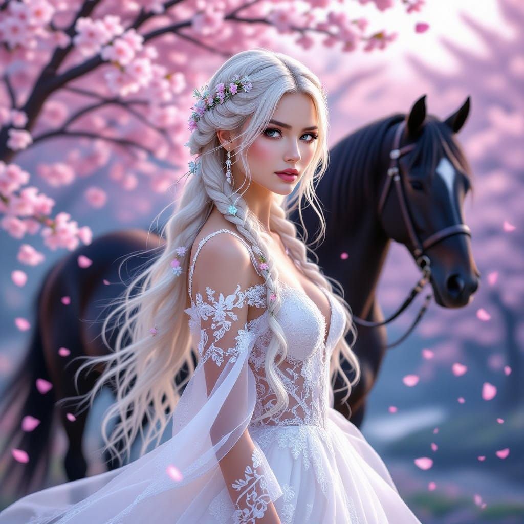 Ethereal Cherry Blossom Goddess in Twinkling Twilight