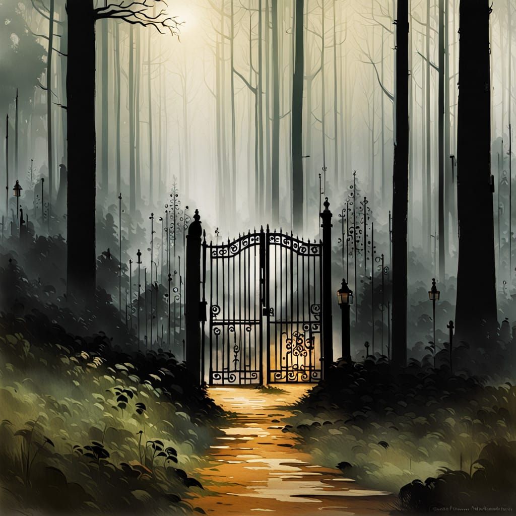 Whimsical Forest Gate in a Haunting Landscape