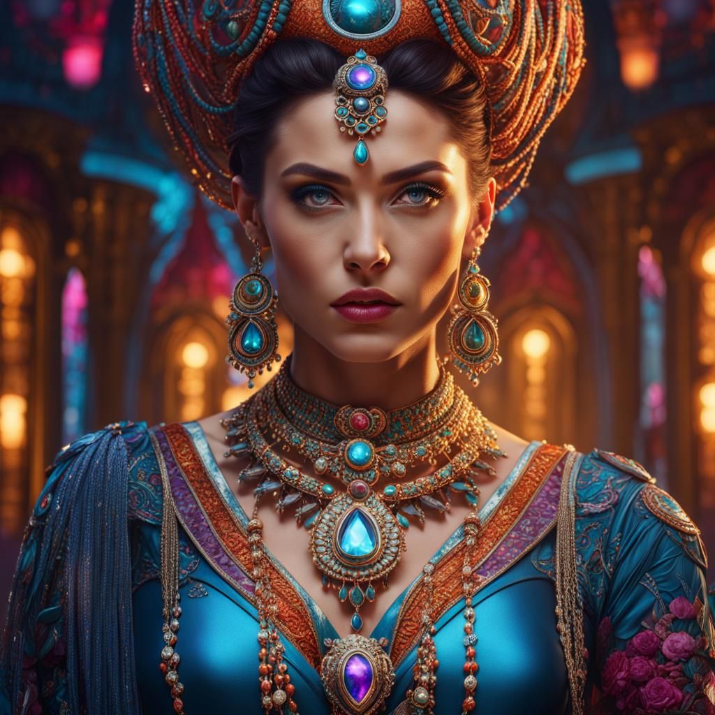 Hyperrealistic portrait of a beautiful woman wearing intrica...