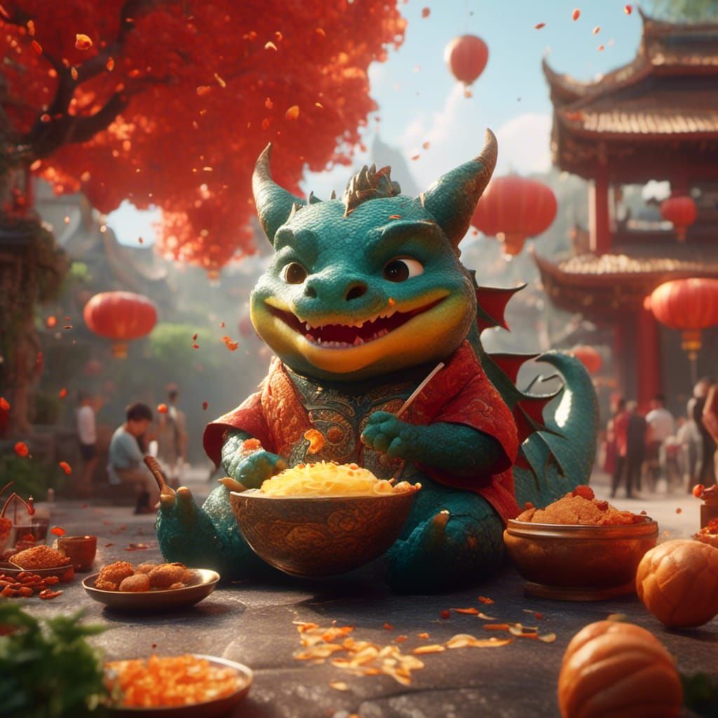 <lora:Kyoot:1.0> a very fat cute dragon is eating Vietnamese...