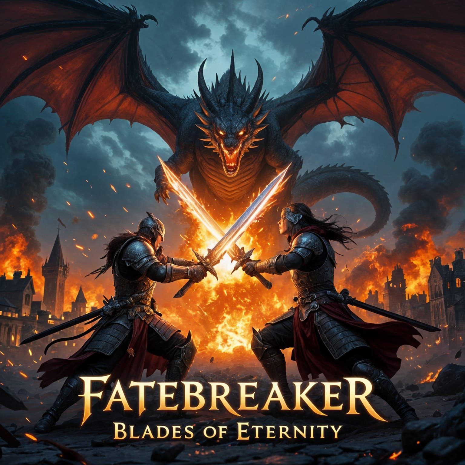 Epic fantasy video game cover art, cinematic illustration,  by @EHACKMANN 