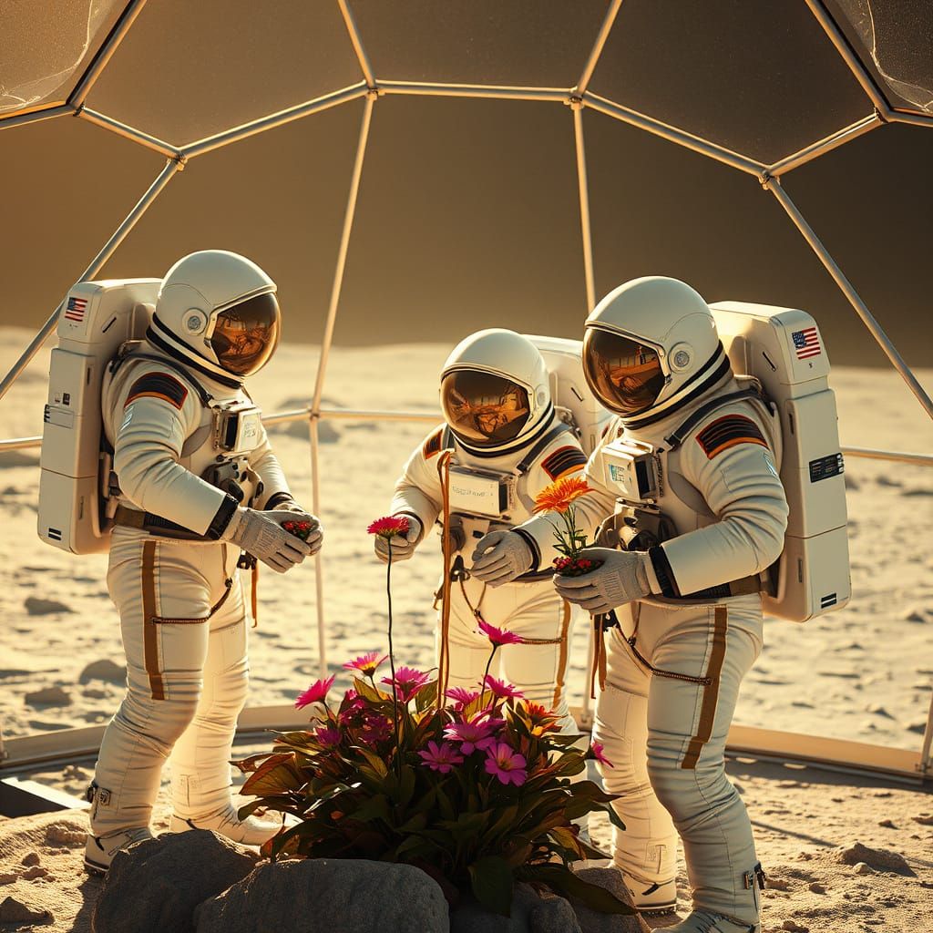 Astronauts Tend to Flowers in Lunar Geodesic Dome