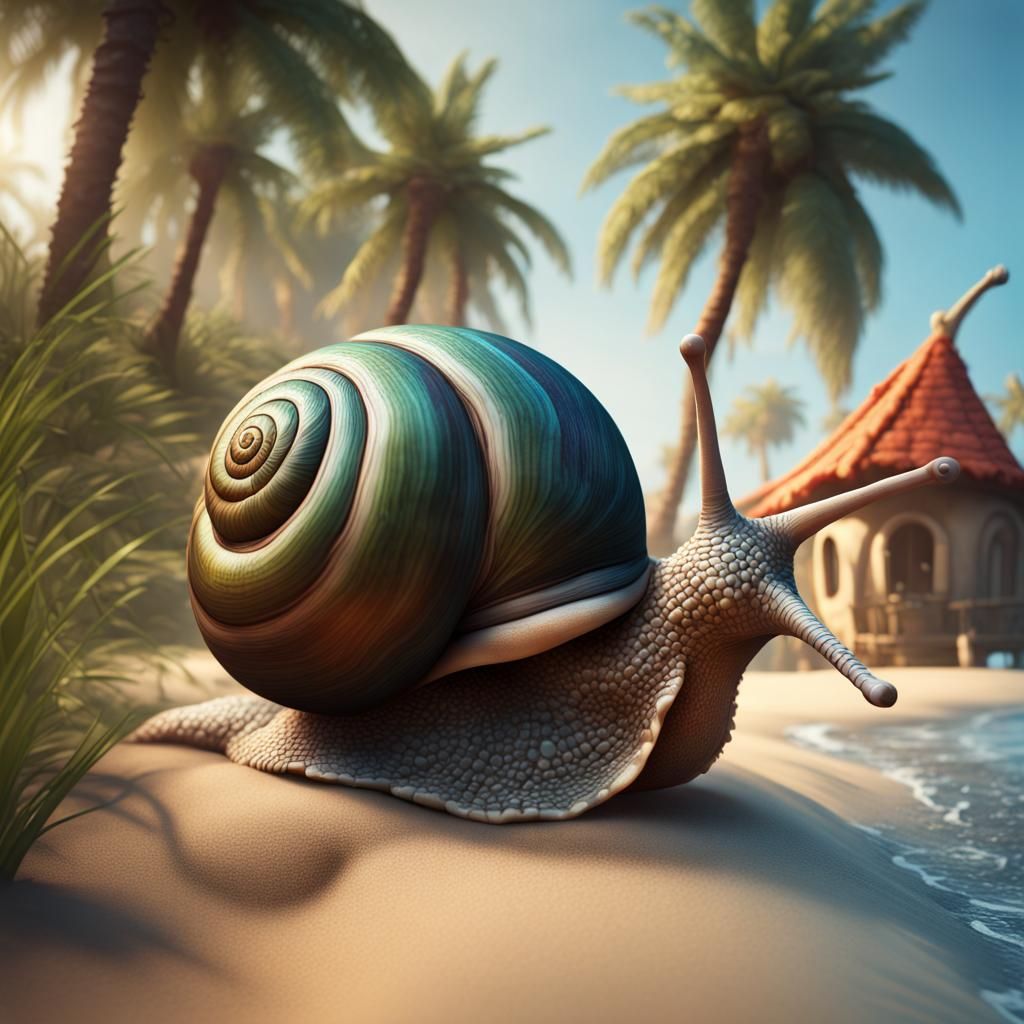 A snail at his house on the beach with palm trees
