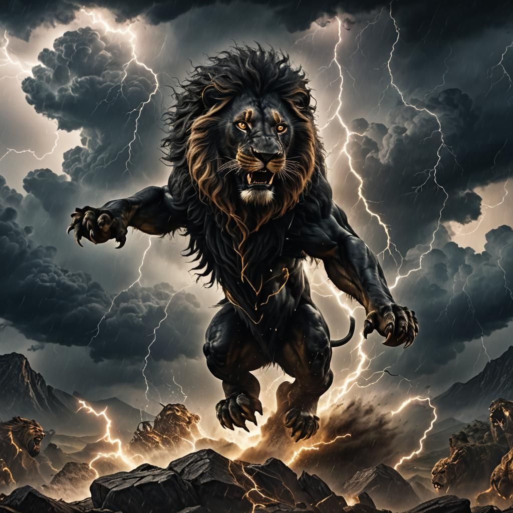 Black lion jumping out of a scary storm with lightning