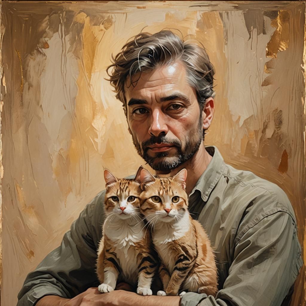 Whimsical portrait illustration. A man with a cat's gentle f...