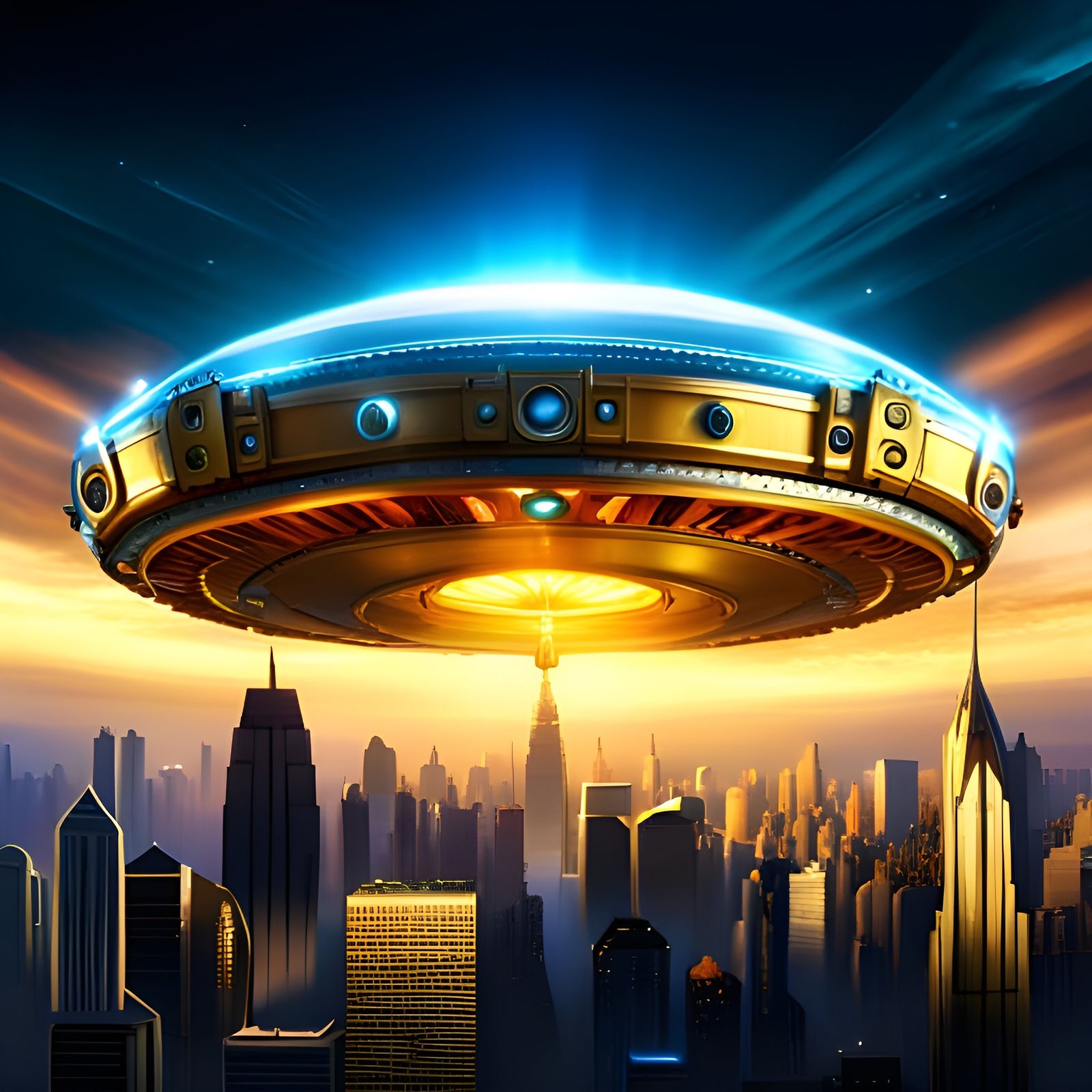 steampunk UFO above a city  by @Chirminth