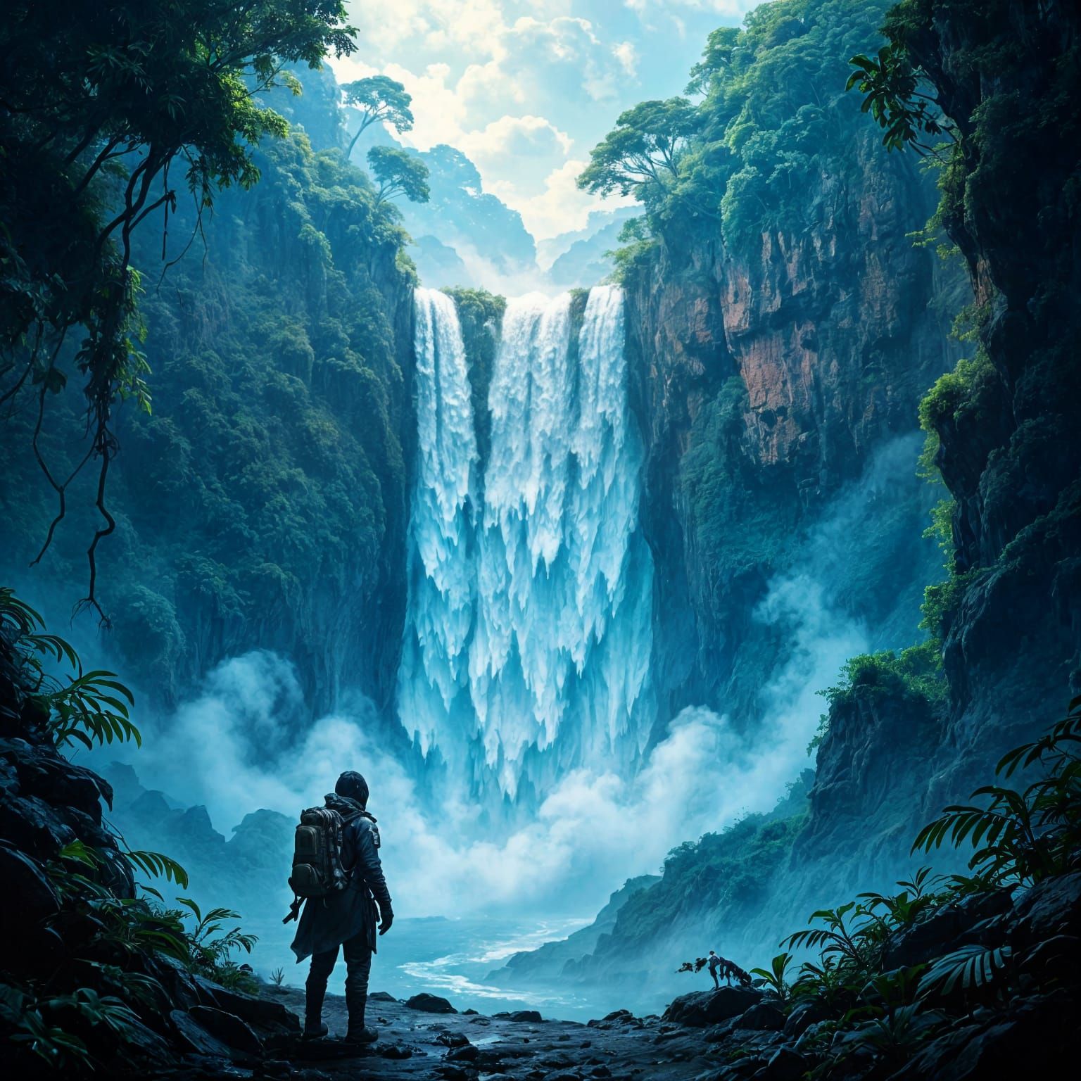 A lone explorer stands at the edge of a colossal, ancient waterfall, its cascading water shimmering with an ethereal, melancholic light. The...