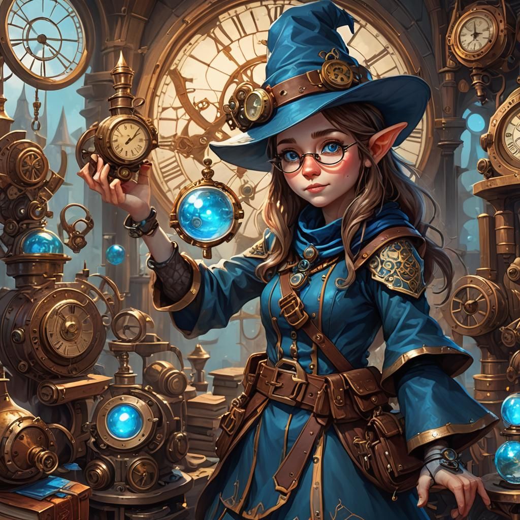 Dungeons and dragons gnome, cute young female gnome, pointy ears, freckles, round glasses, chronomancy wizard with blue robes and a floppy h...