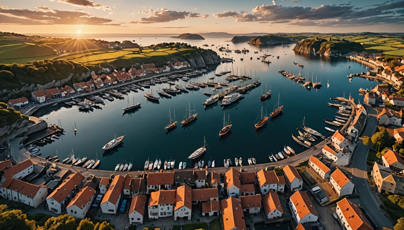 Drone view of a fantasy harbour full of boats. Beautiful lan...