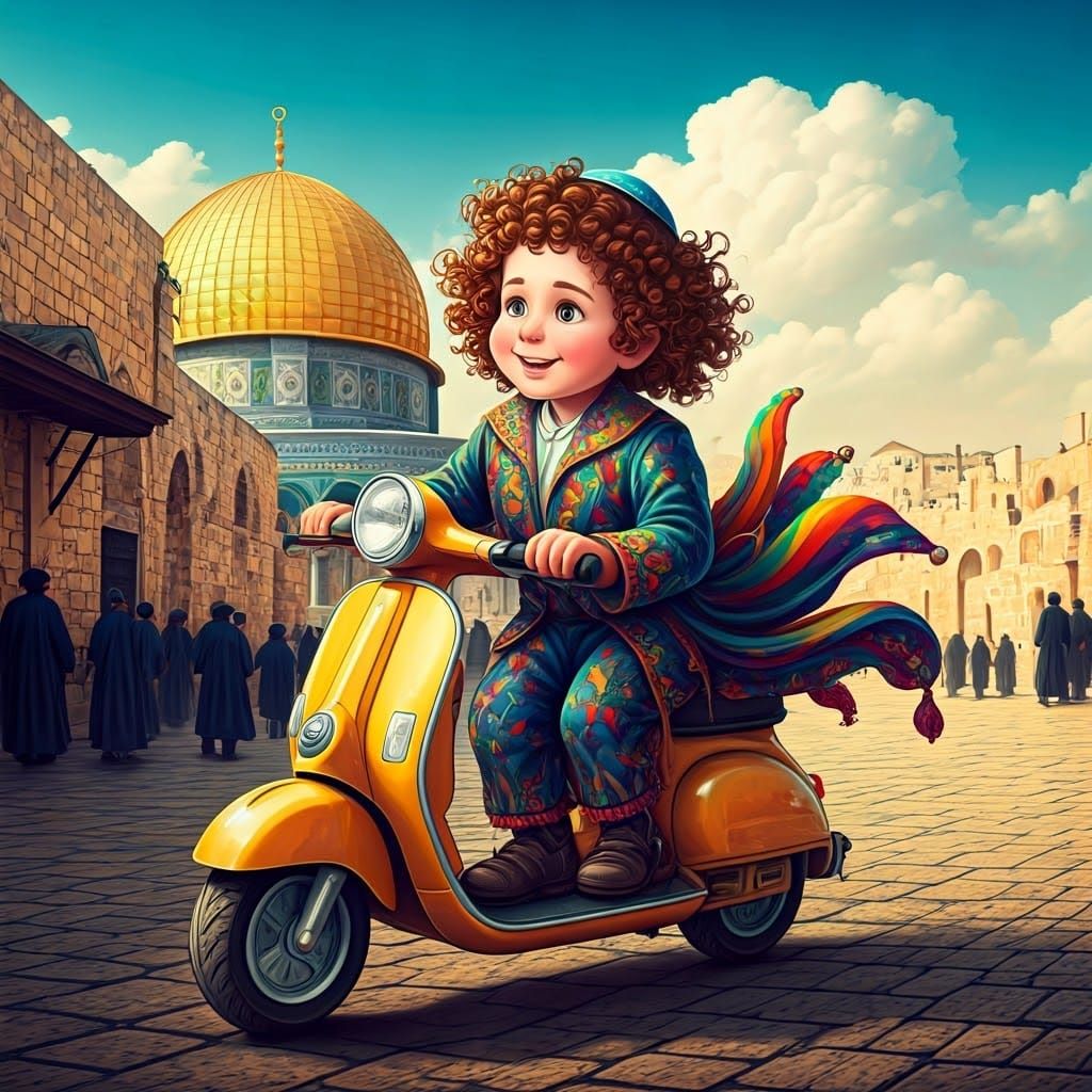 Joyful Chassidic Boy on Scooter in Vibrant Jerusalem