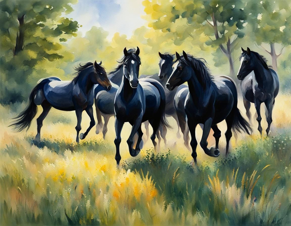 a herd of black horses in a clearing, horses run and graze, ...