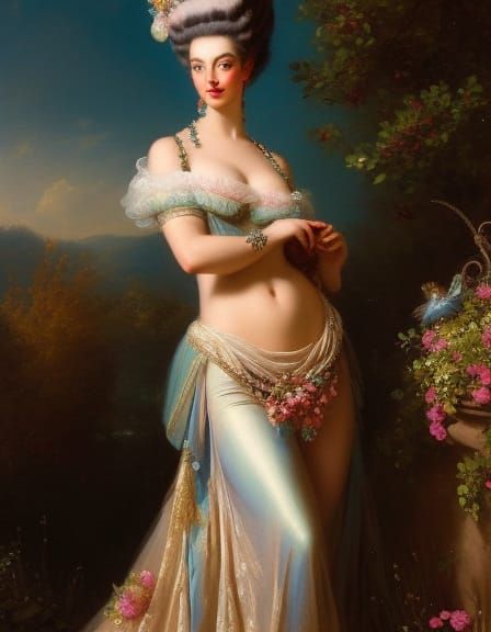 Marie-Antoinette in baroque flowery underwear  digital paint...