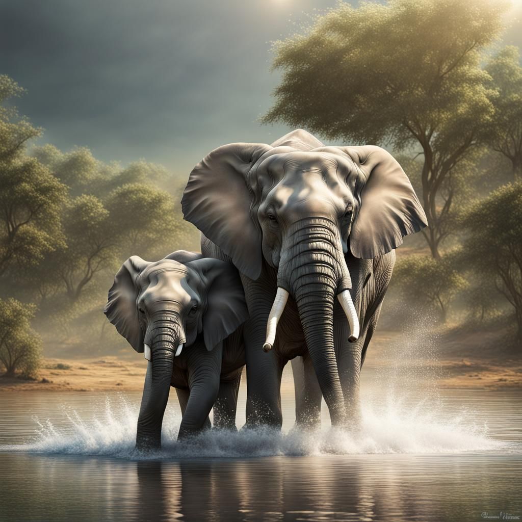 A mother elephant plays in the water with her baby/ professional photograph wide-angle Canon5D Mark ...  by @curiouscat 