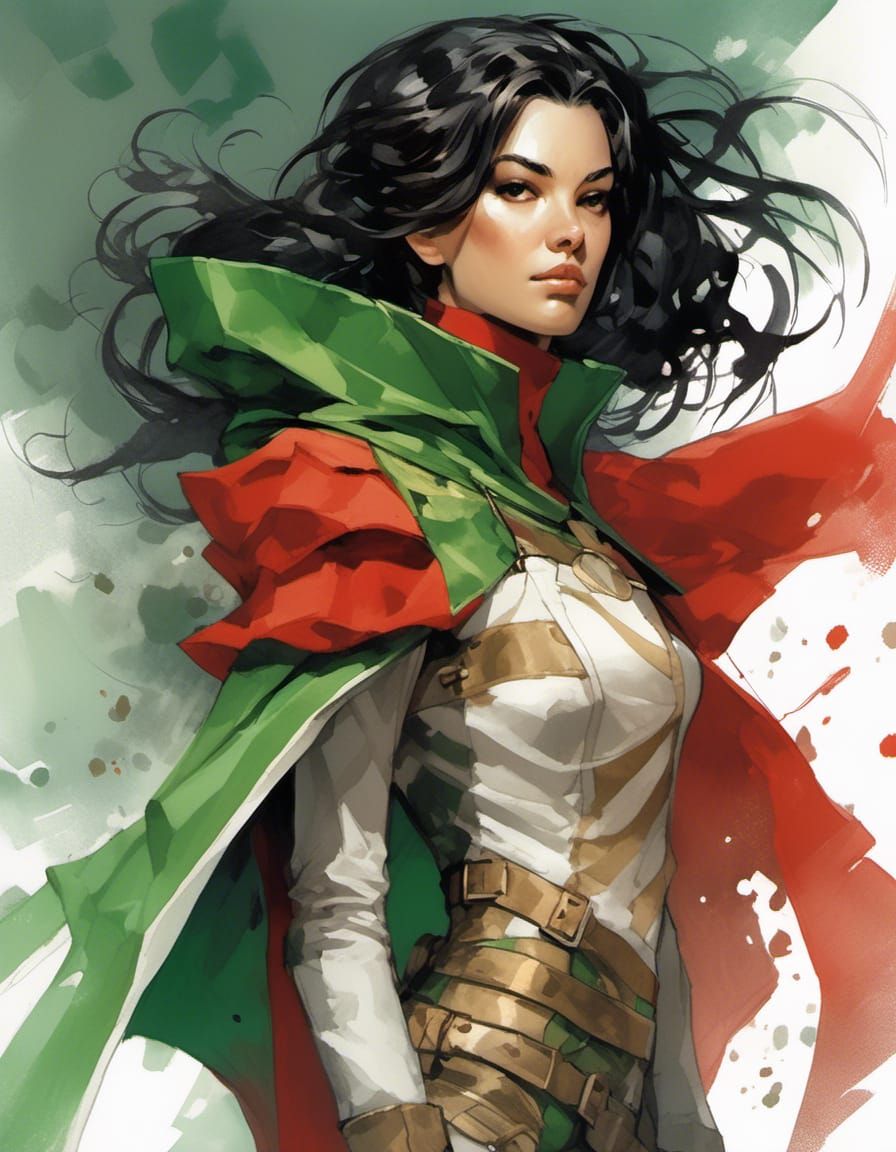 <lora:Gaming Artstyle:1.0> Character portrait for Mutants and Masterminds, a female superhero wearing red and green outfit, with a black ha...