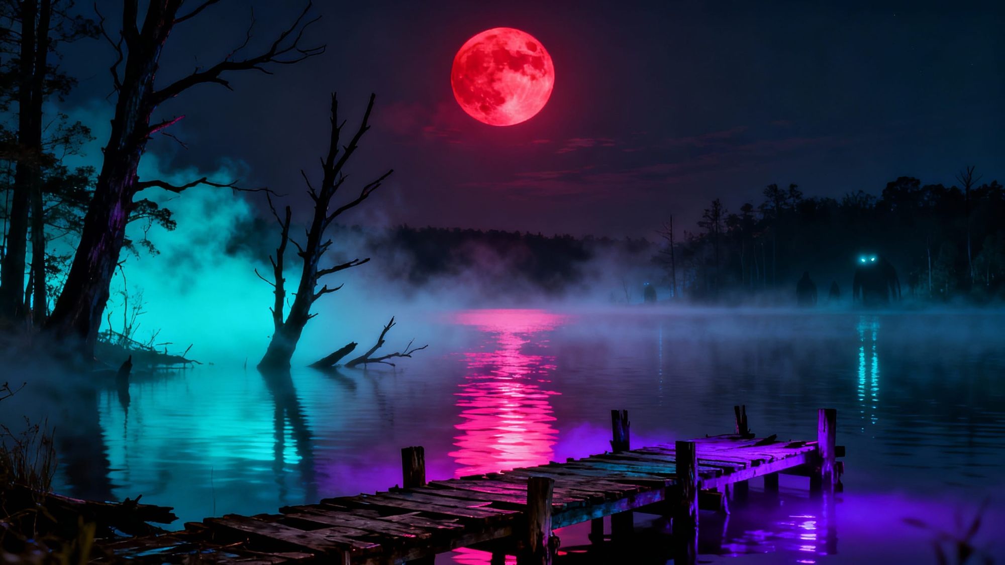 A surreal and cinematic Halloween background of a haunted lake at night. The dark water reflects a blood-red moon and neon glowing lights (c...