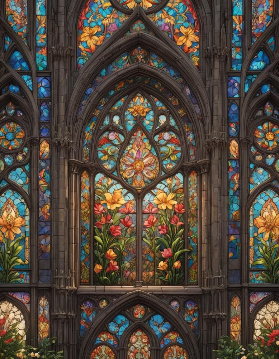 traditional stain glass cathedral, small vibrant freesia flo...