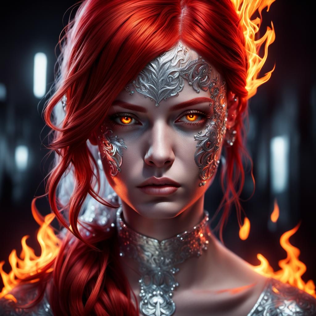 Tatoo Portrait Girl Fire Fiery Red Hair Silver Mirror Silver