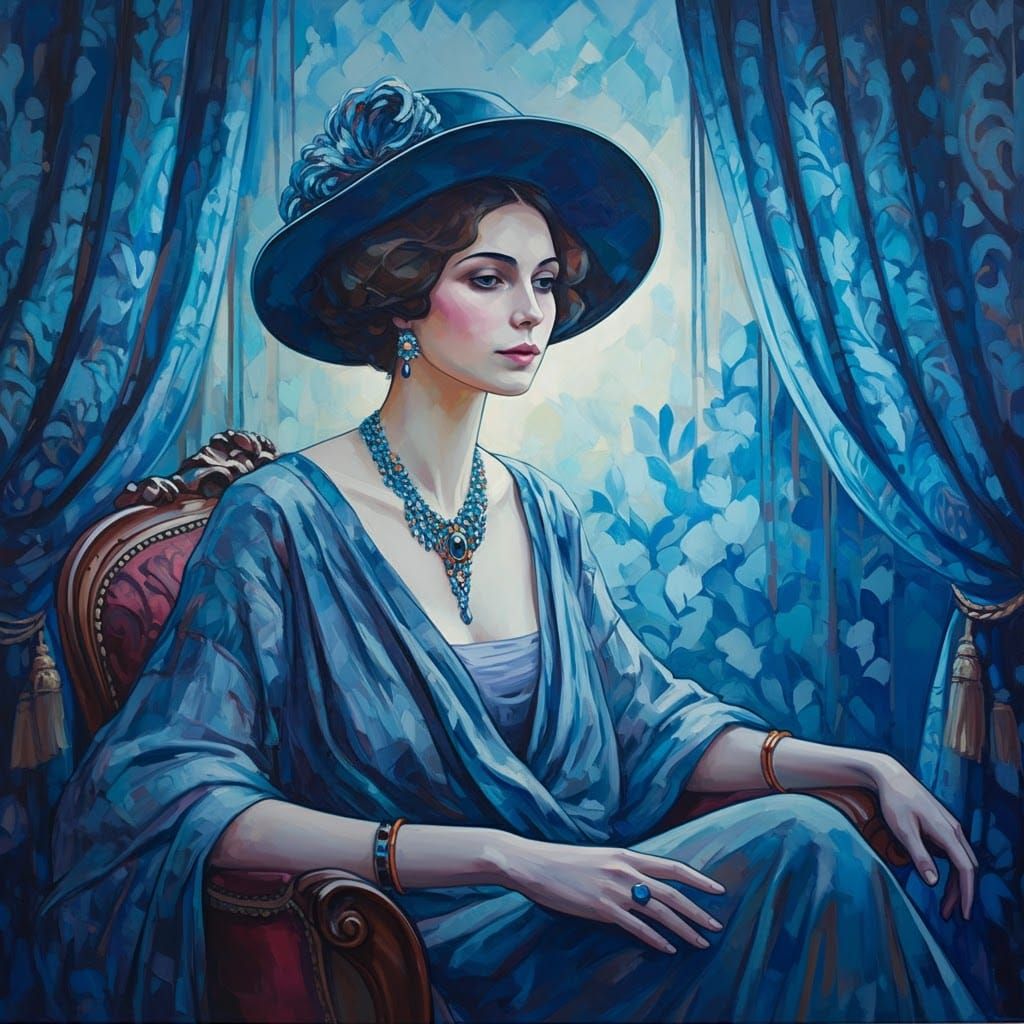 Portrait de Madame Matisse,  en 1913, aquarelle dans une variation dégradée des bleus à la façon d'Henri Matisse (French, 1869–1954)