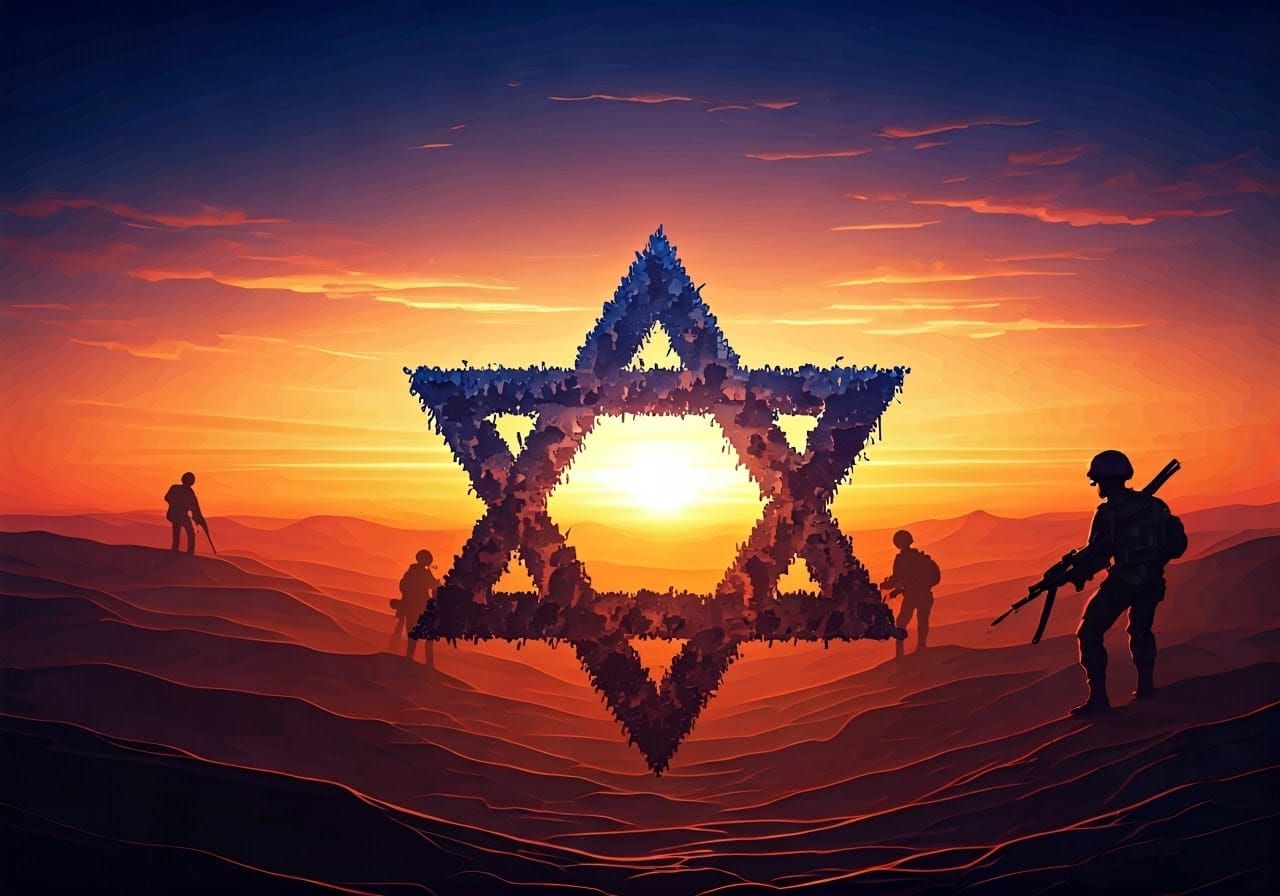 Vibrant Anime Flag of Israel in Desert Sunset