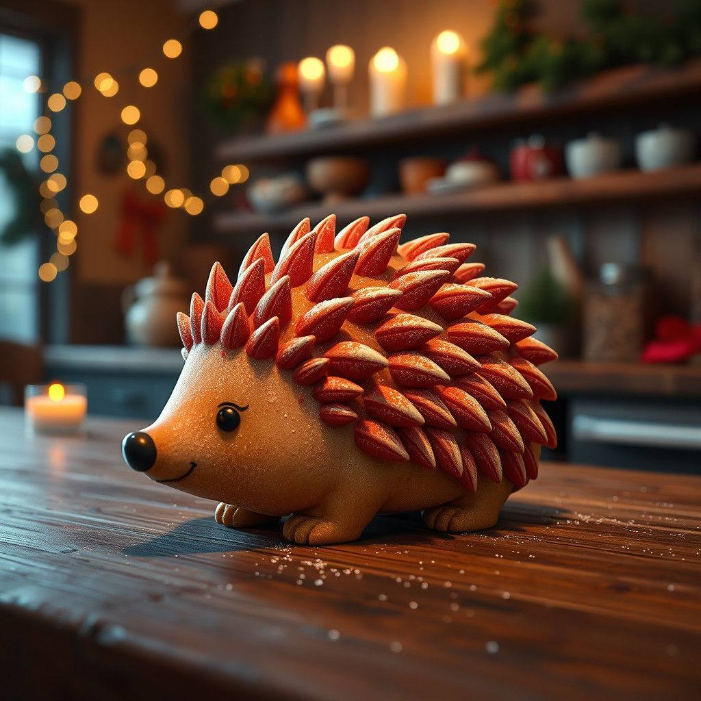 Hedgehog shaped and designed frosted holiday cookie. In a ba...