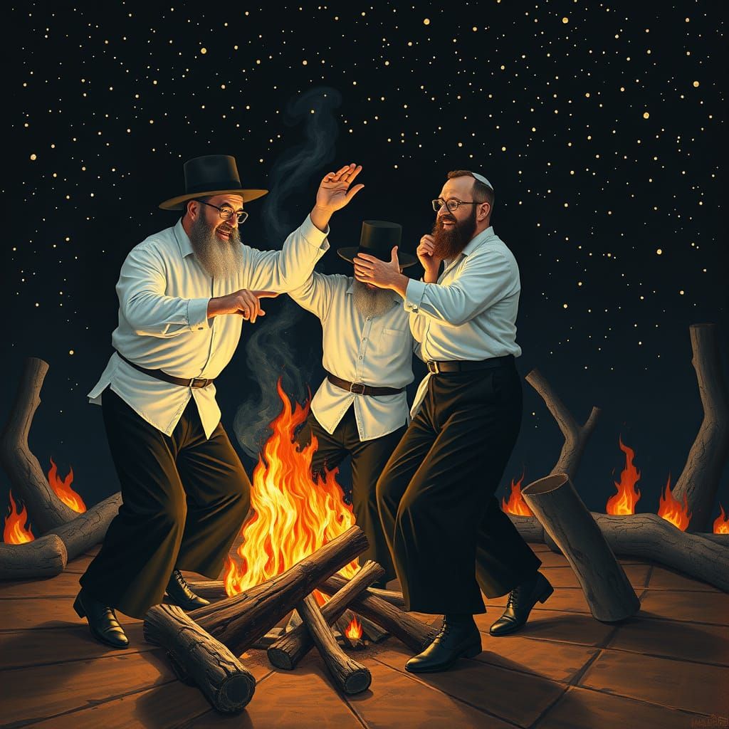 Men Dancing Around a Roaring Fire in a Whimsical Folk Scene