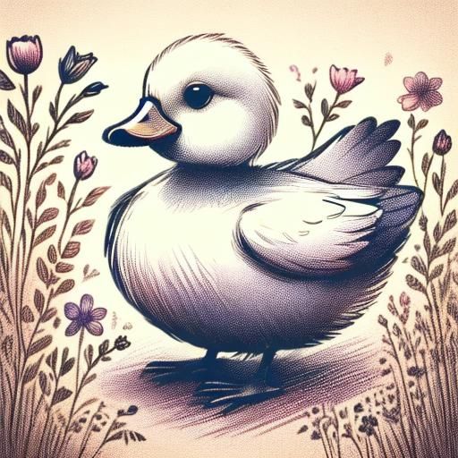 A duck in a field of flowers. 