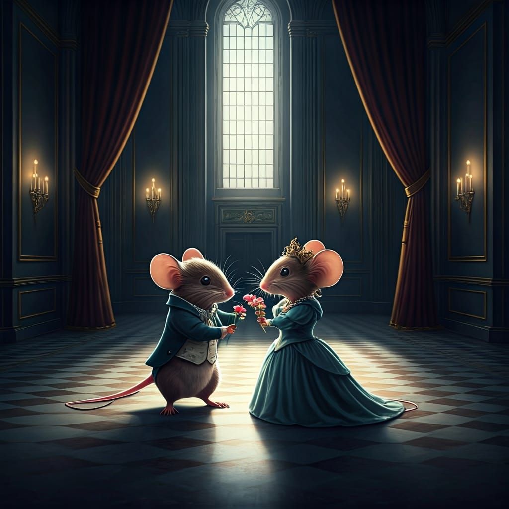 Mice Sharing Flowers in Sunlight, Digital Painting