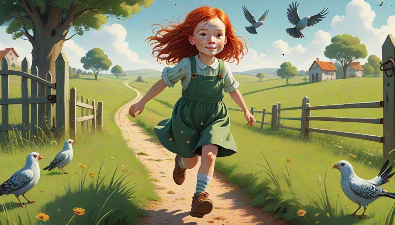 Whimsical Girl Surrounded by Cuckoos in a Lush Green Field