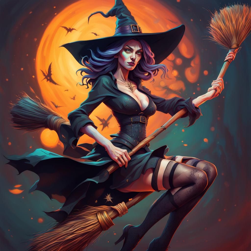 attractive witch on her broom wearing a low cut top and stockings - AI  Generated Artwork - NightCafe Creator