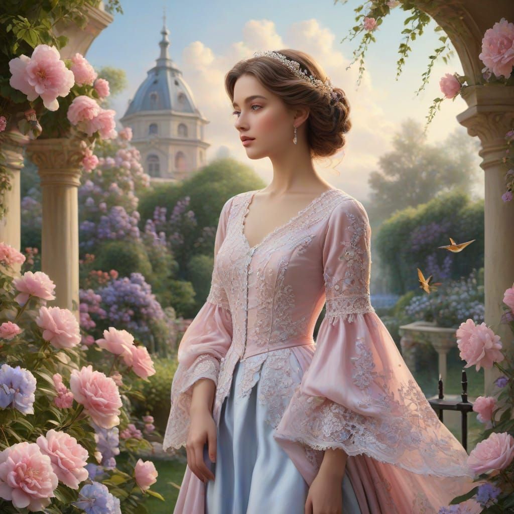 The scene is enriched with blooming flowers surrounding her, while a vibrant blue sky with birds in flight creates a serene backdrop. The co...