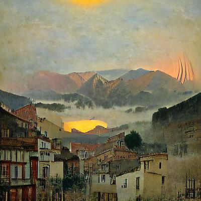 Sunrise over the mountains,1880s misty London street, Sunset...