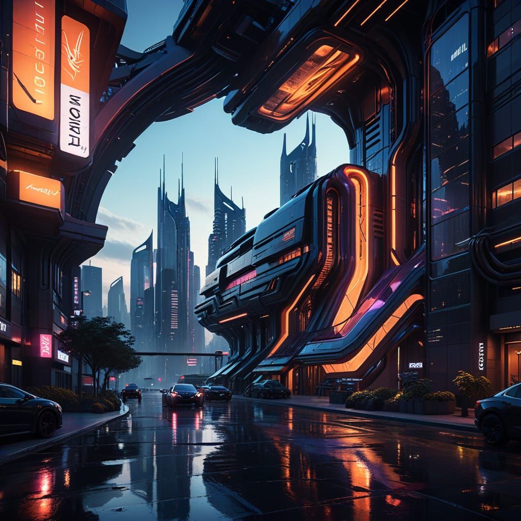 Neon Cityscape at Dusk in Cyberpunk Style