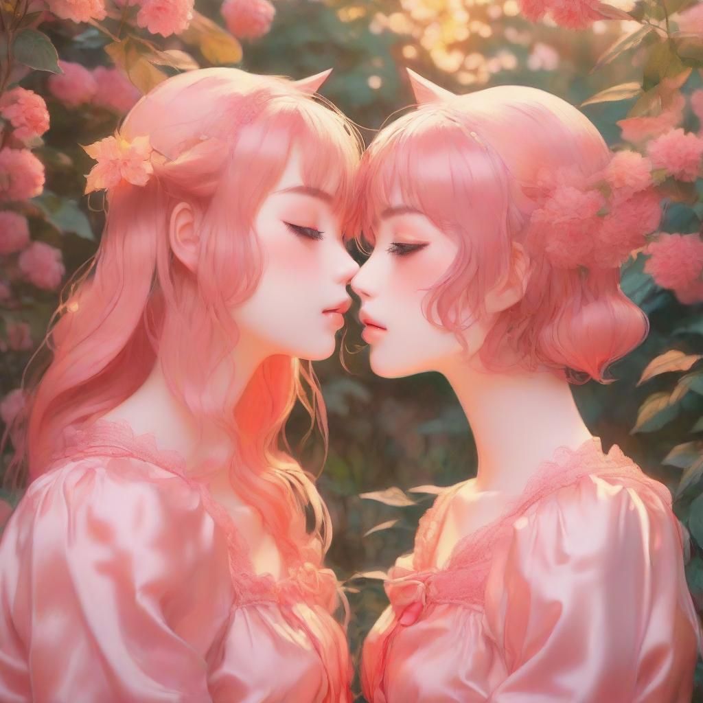 Two anthropomorphic cat girls in short red silk nightgown an...